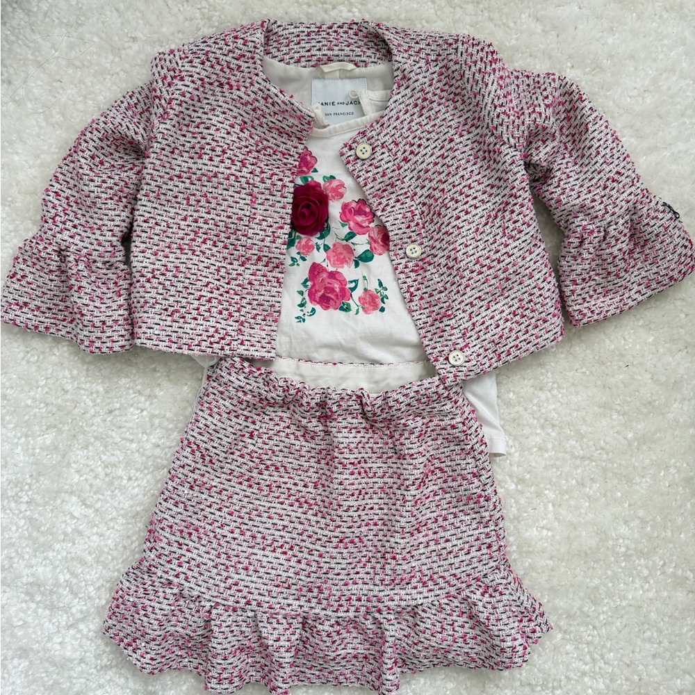 Janie and Jack Pink and White Tweed Jacket and Skirt and rose long sleeshirt Set